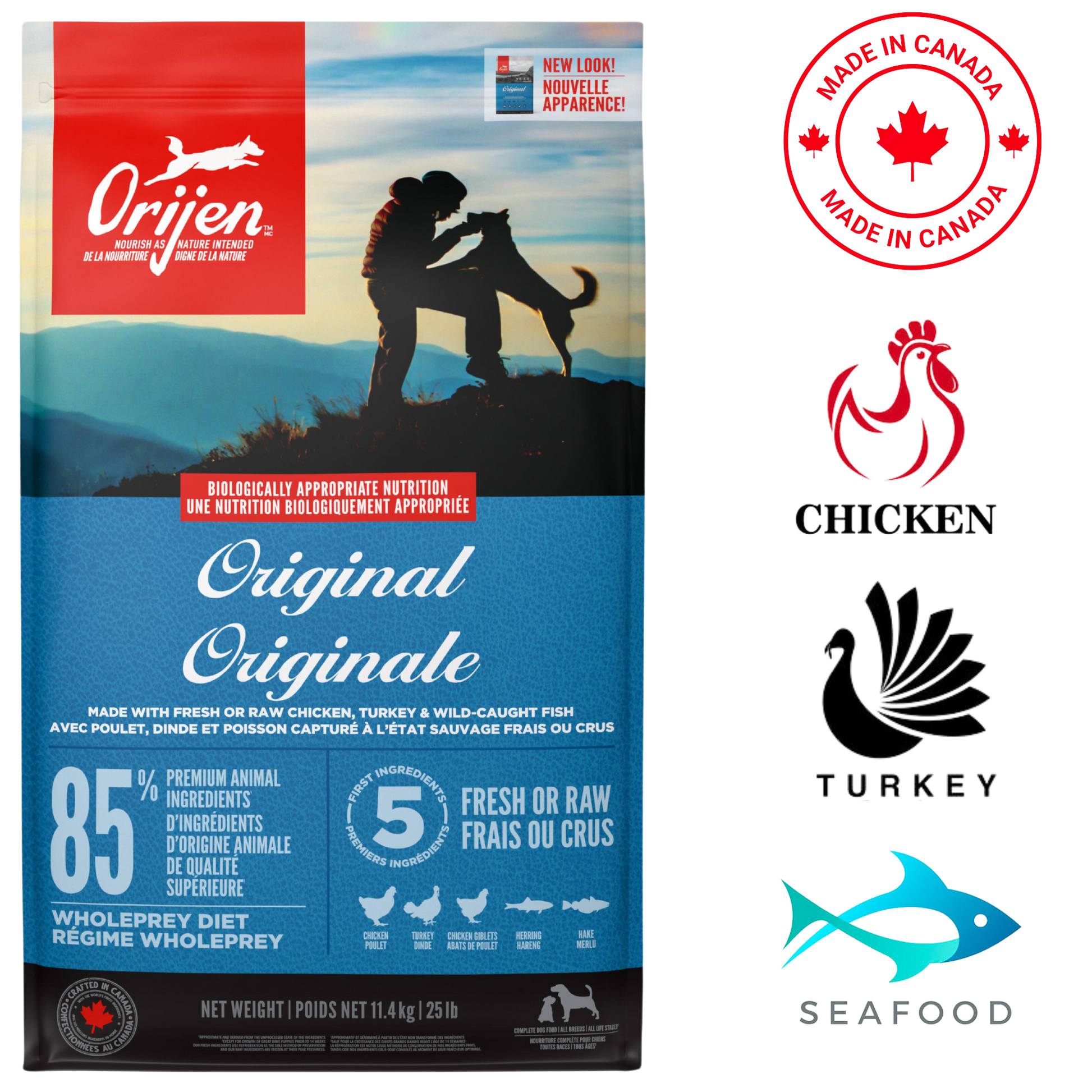 Orijen original dog food with fresh chicken, turkey, and seafood for balanced canine nutrition