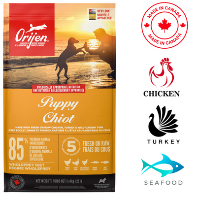 Orijen puppy dog food with fresh chicken and turkey, made in Canada for healthy growth