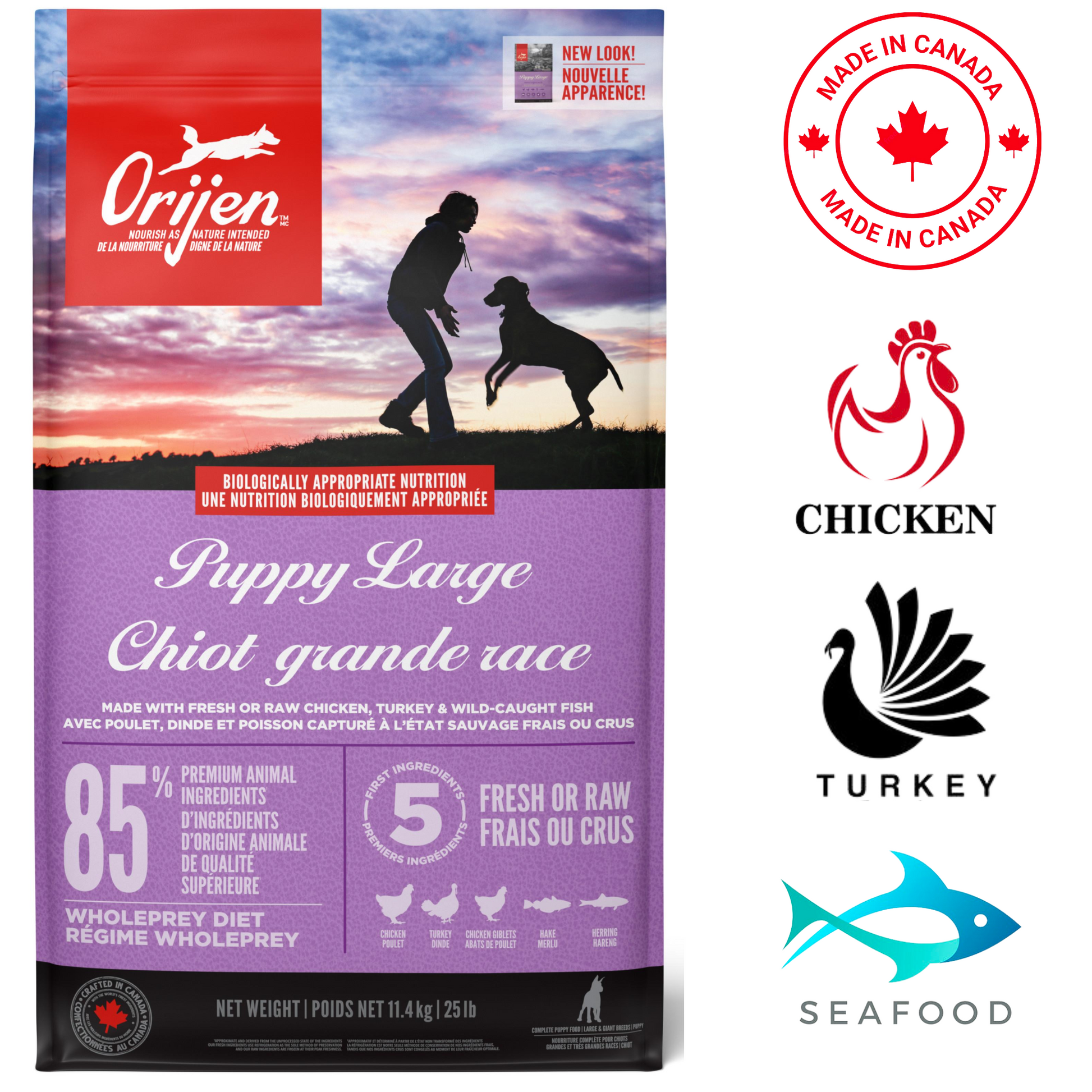 Orijen puppy large breed dog food in a 25-pound bag with fresh chicken and turkey ingredients