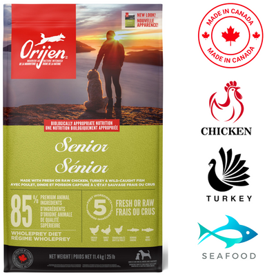 Orijen senior dog food in a 25 lb bag, featuring high-quality chicken, turkey, and seafood ingredients