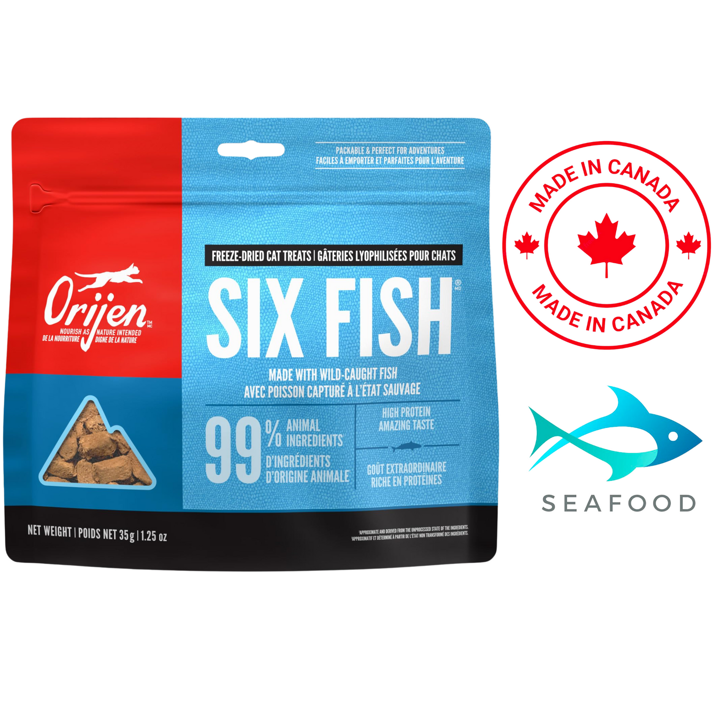 Orijen six fish cat treats freeze-dried high protein seafood snacks made in Canada