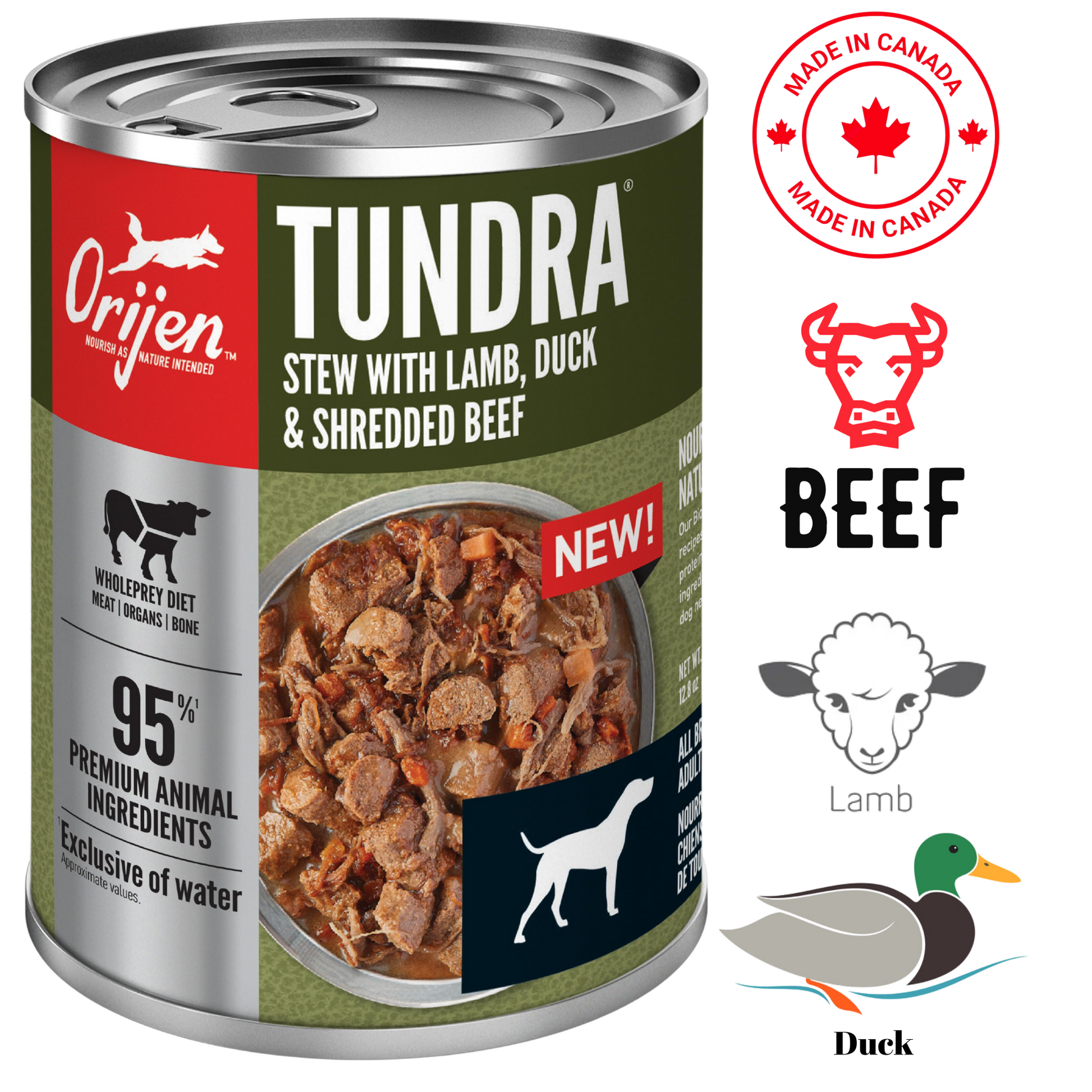 Orijen Tundra dog food in a can featuring stew with lamb, duck, and shredded beef for premium nutrition