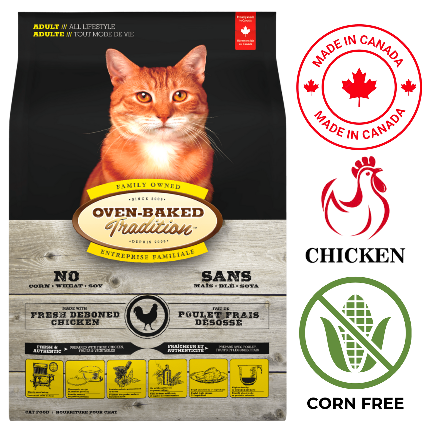 Oven Baked Tradition adult chicken cat food in a 2kg bag, made with real chicken and corn free ingredients