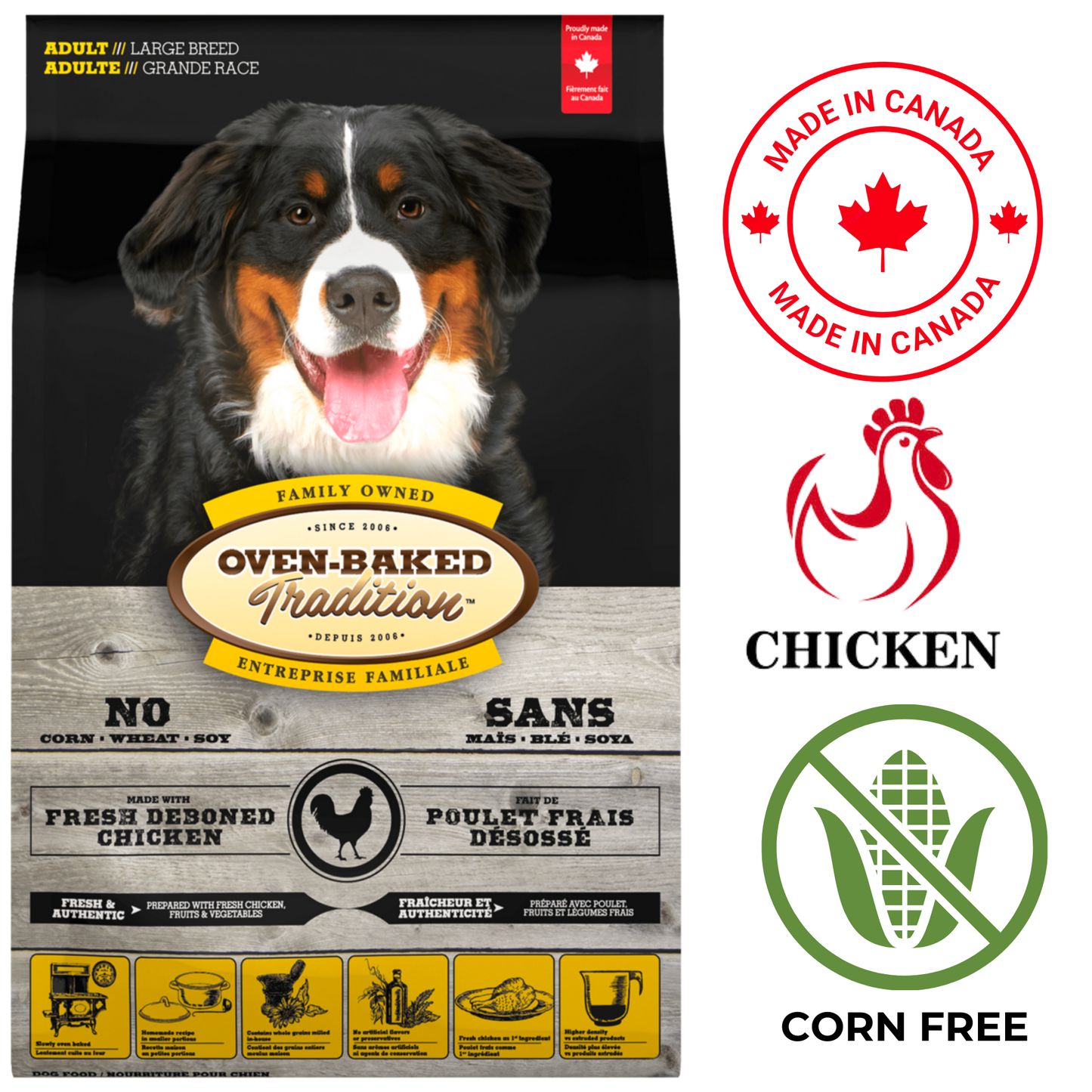 Oven Baked Tradition oven baked adult large breed chicken dry dog food bag featuring a large dog and natural ingredients