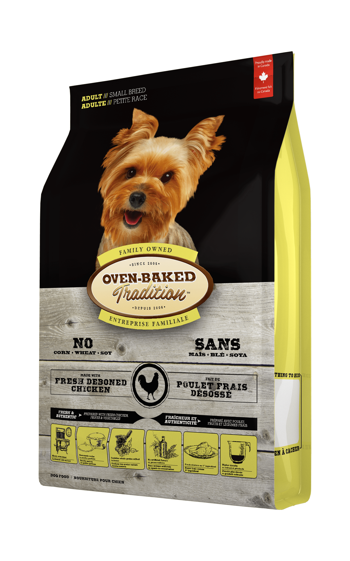Oven-Baked adult small breed chicken dog food in a yellow and black bag with a dog image