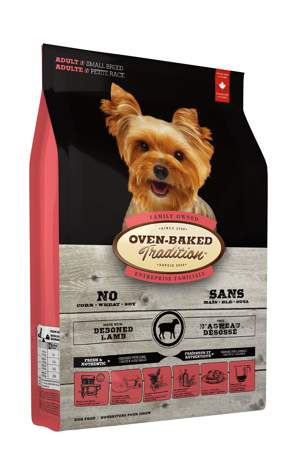 Oven Baked Adult Small Breed Lamb Dog Food in a bag featuring a happy small dog on the front