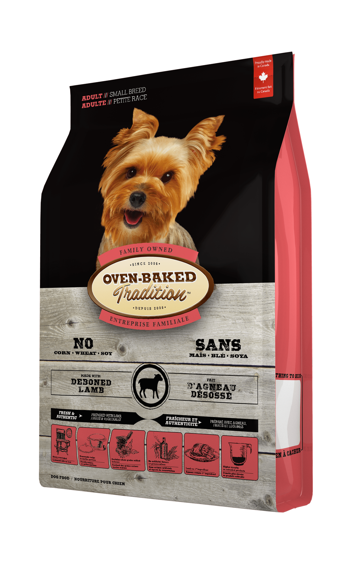 Oven Baked Adult Small Breed Lamb Dog Food in a Red Bag with a Yorkshire Terrier Image