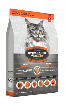 Oven Baked Tradition adult turkey cat food in a bag with a stylish design and a cat image on the front
