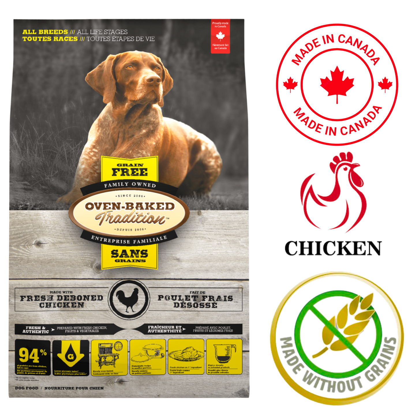 Oven Baked Tradition all breeds chicken dry dog food with grain-free formula and fresh deboned chicken