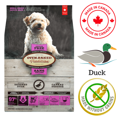 Oven Baked Tradition oven baked duck dry dog food small breed in a bag with grain-free label