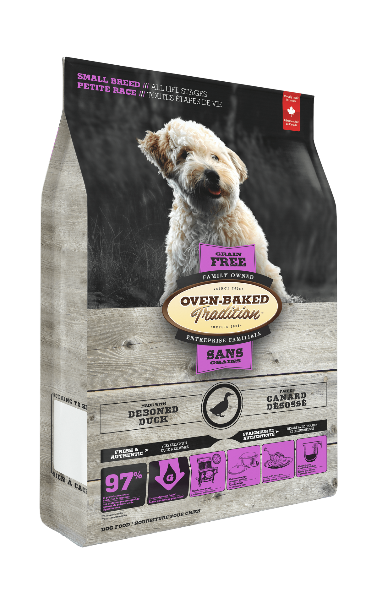 Oven Baked Tradition oven baked duck dry dog food small breed in a bag with a happy dog image