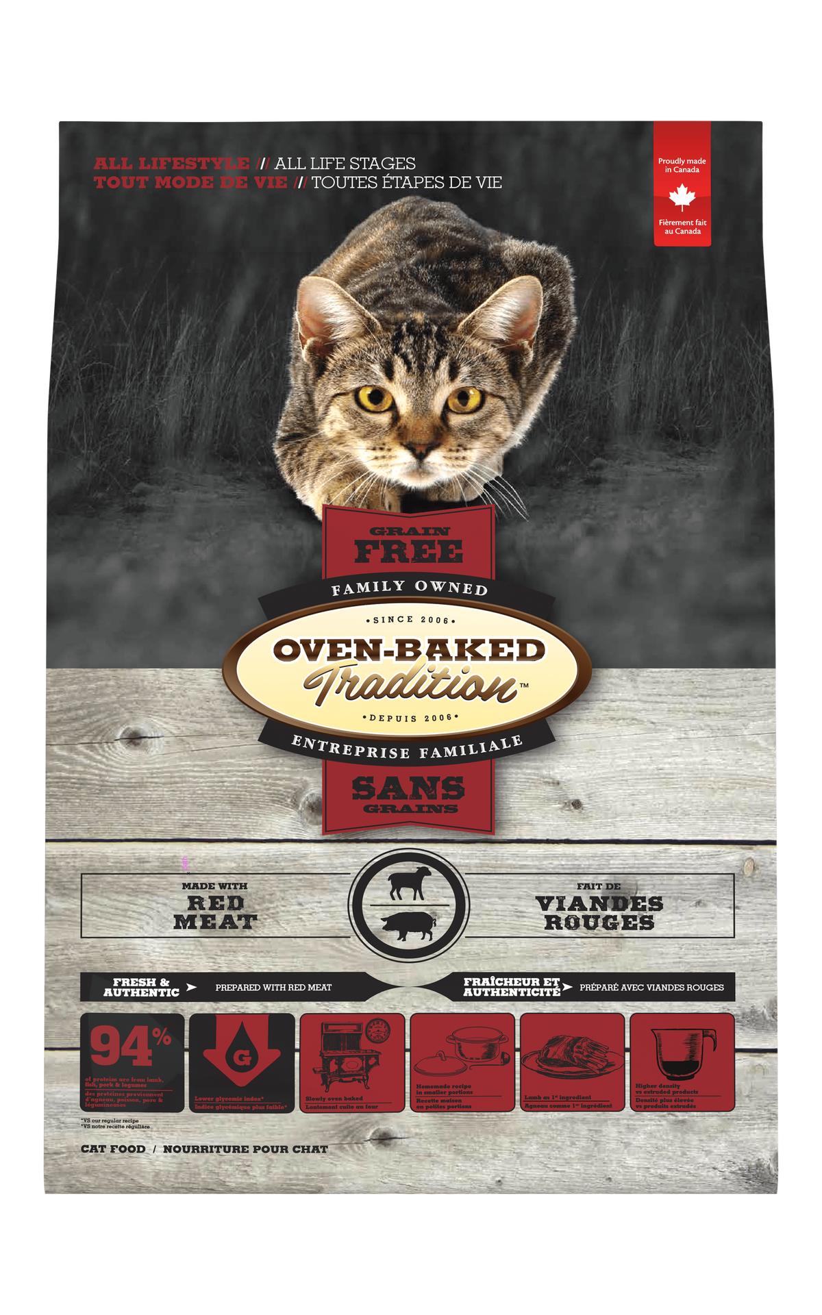 Oven Baked Tradition oven baked grain free cat food red meat with a cat on the packaging for all life stages