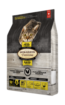 Oven Baked Tradition oven baked grain free chicken cat food in a bag with a cat image and detailed nutritional information