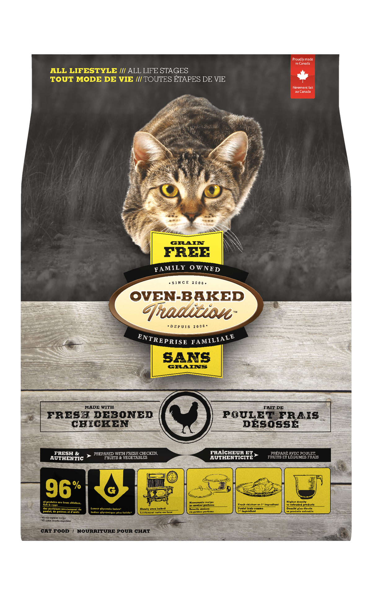 Oven Baked Tradition grain free chicken cat food bag featuring fresh de-boned chicken for all life stages