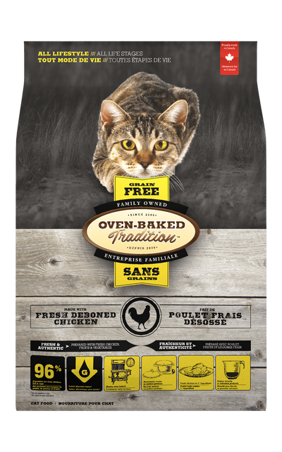 Oven Baked Tradition grain free chicken cat food bag featuring fresh de-boned chicken for all life stages