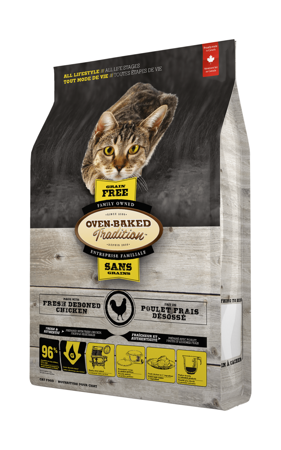Oven Baked Tradition Grain Free Chicken Cat Food in a bag featuring fresh deboned chicken for all lifestyles