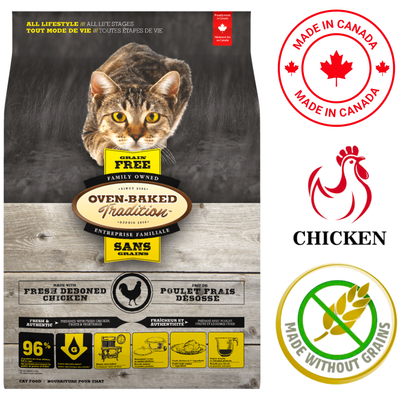 Oven Baked Tradition oven baked grain free chicken cat food in bag with a cat image and made in Canada label