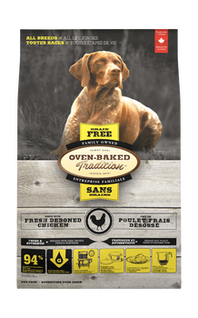 Oven Baked Tradition oven baked grain free chicken dog food in a bag featuring a dog on the front