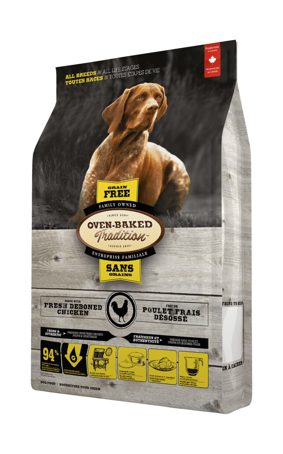 Oven Baked Tradition Grain Free Chicken Dog Food in a 12 kg bag designed for healthy dogs