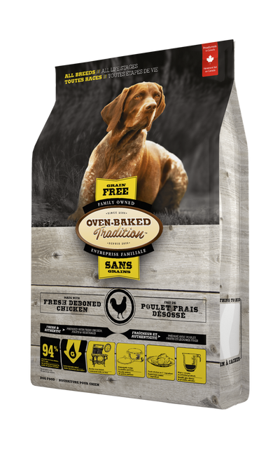 Oven Baked Tradition Grain Free Chicken Dog Food in a 12 kg bag designed for healthy dogs