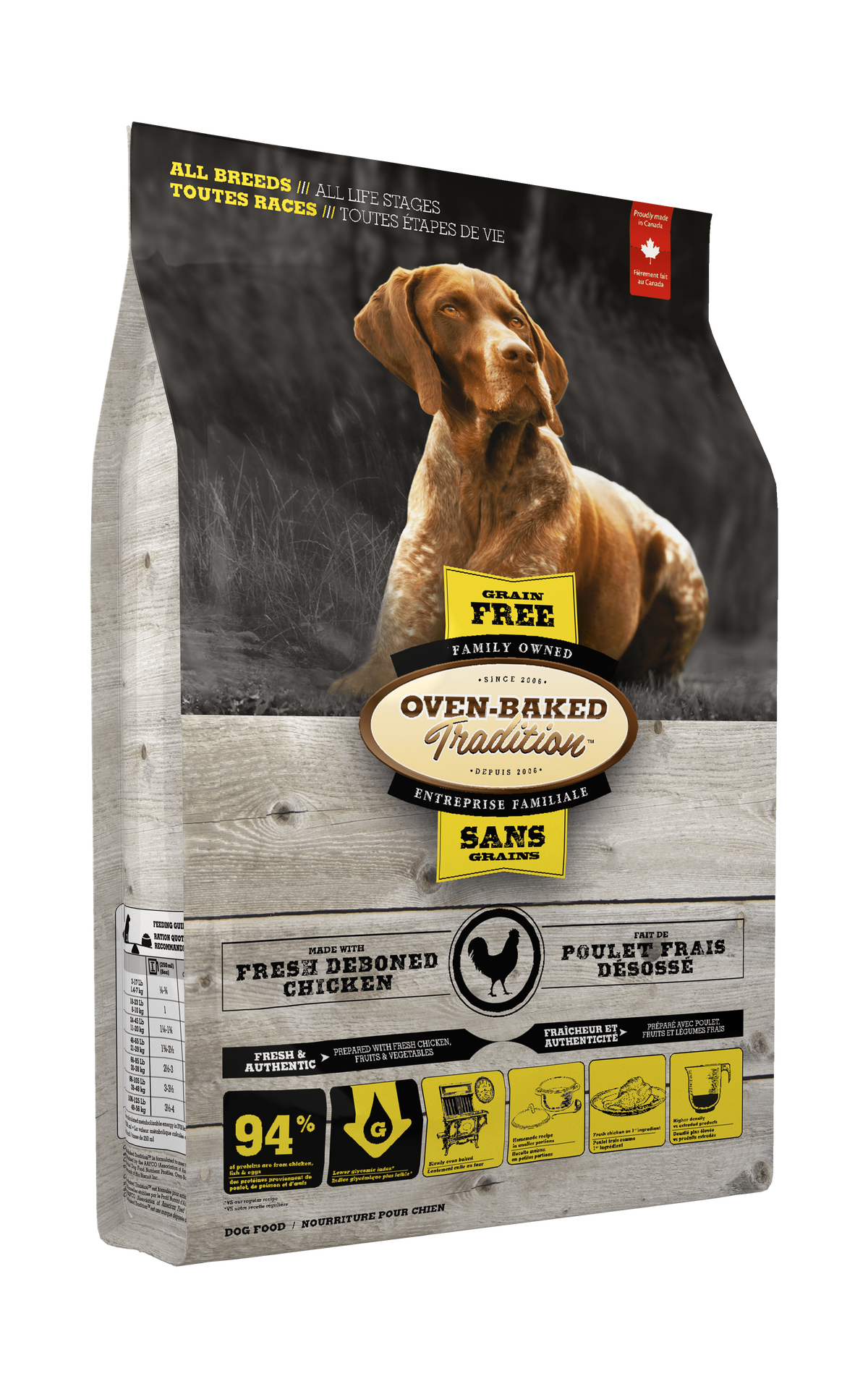 Oven Baked Tradition grain free chicken dog food bag with fresh chicken and high protein content