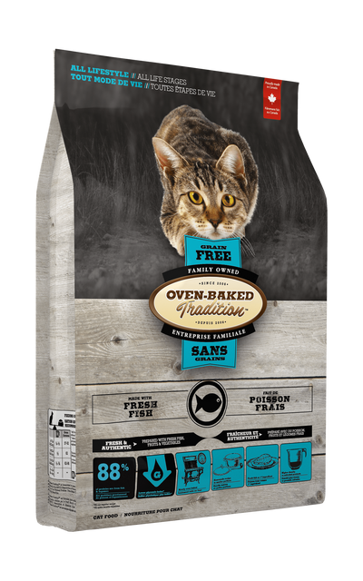 Oven Baked Tradition grain free fish cat food in a bag, ideal for all cat life stages