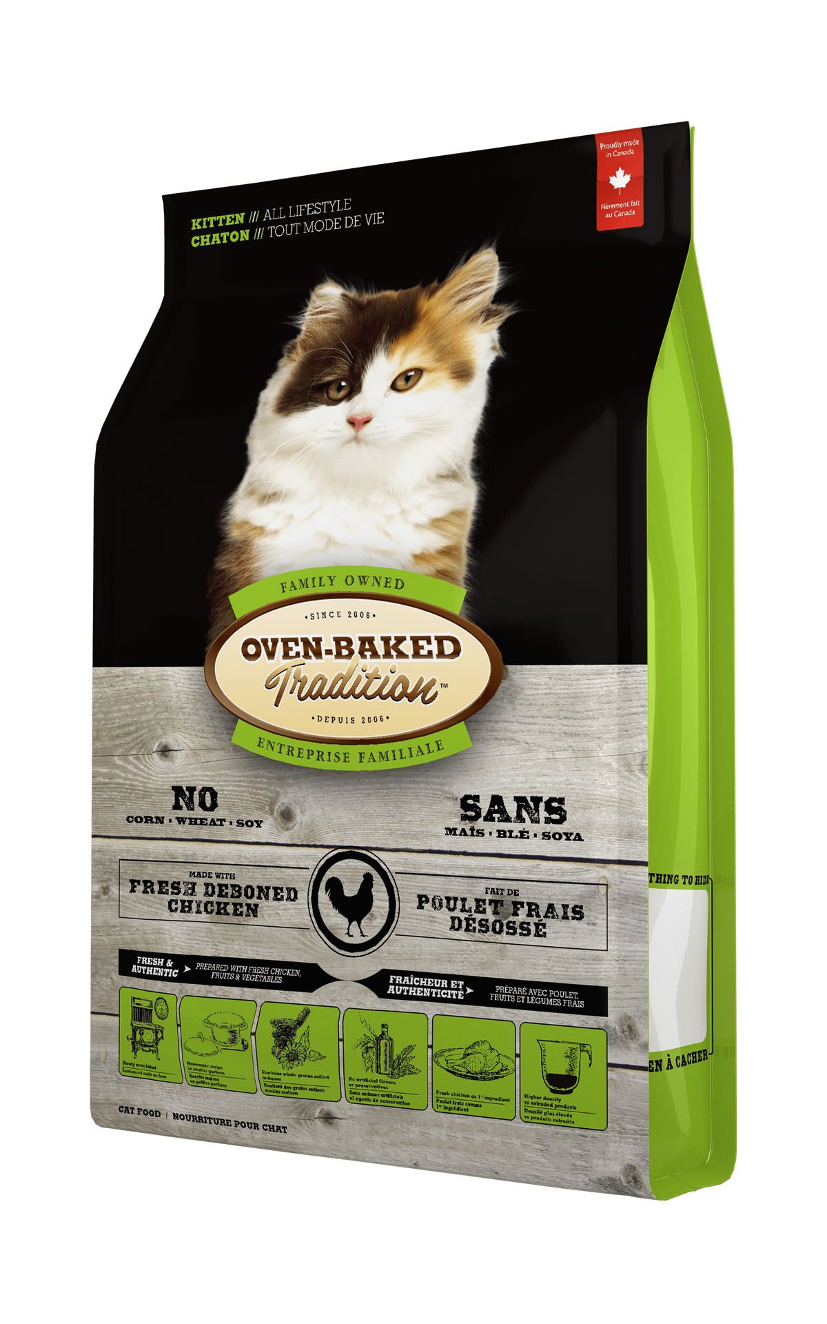 Oven Baked Tradition kitten chicken food in a 2 kg bag with a playful cat image on the front