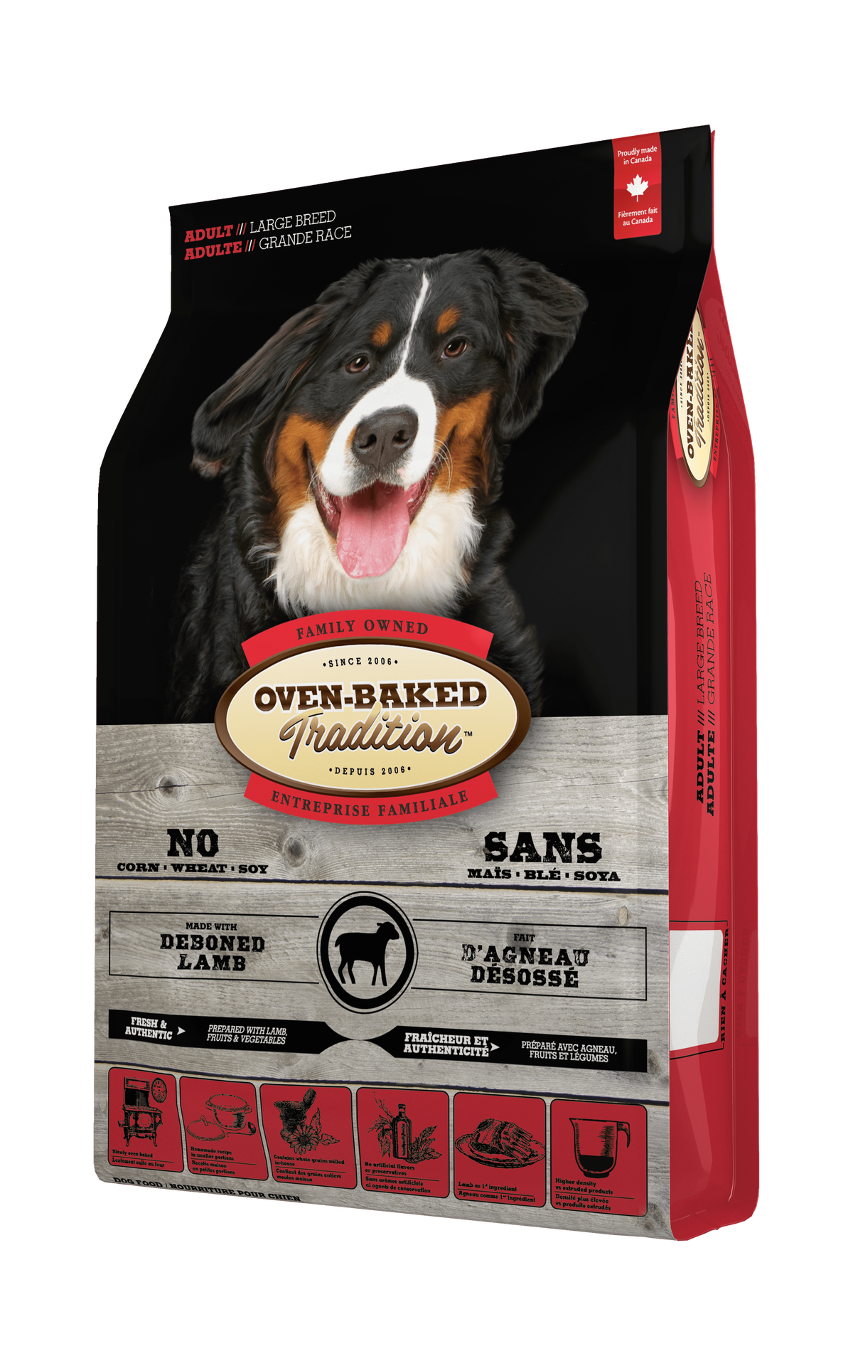 Oven Baked Tradition large breed lamb dog food bag showcasing a happy dog, ideal for adult dogs