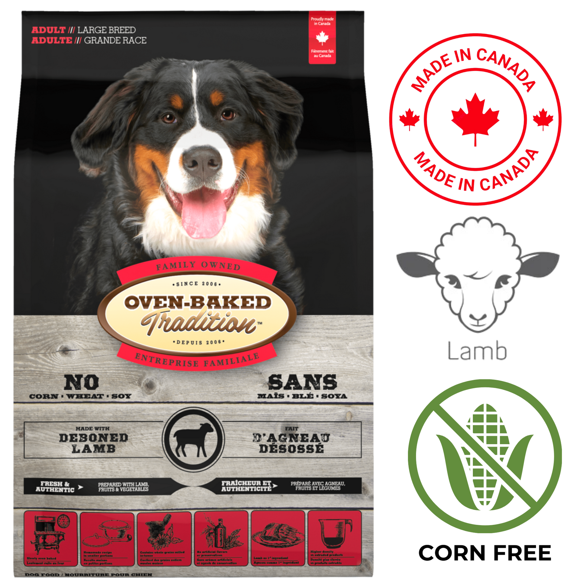 Oven Baked Tradition large breed lamb dog food made in Canada with no corn or wheat, featuring deboned lamb
