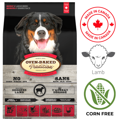 Oven Baked Tradition large breed lamb dog food made in Canada with no corn or wheat, featuring deboned lamb