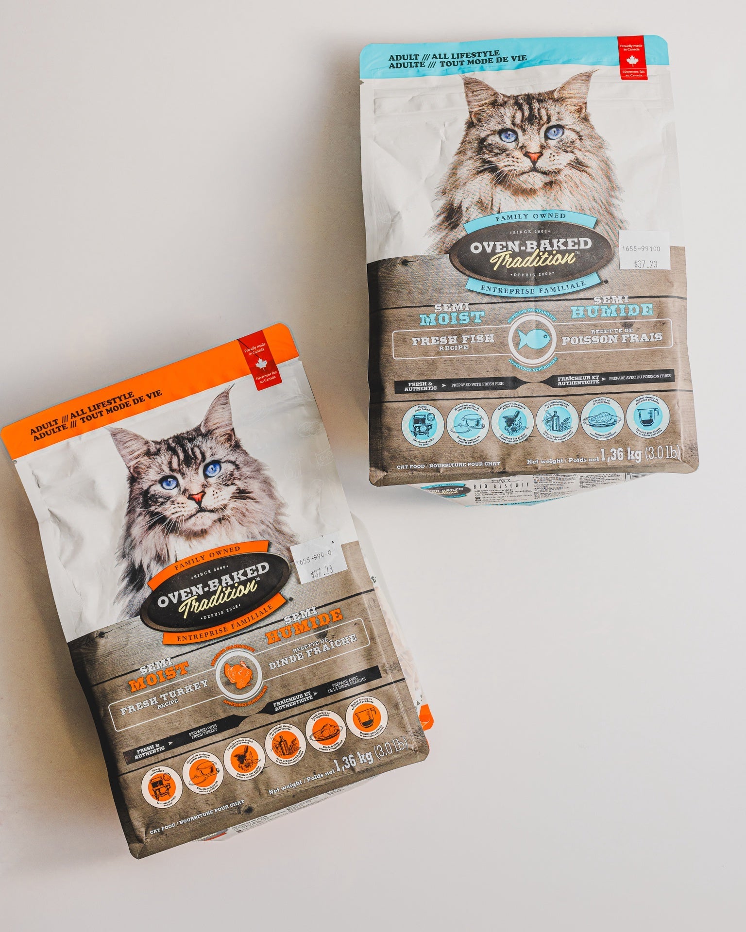 Oven Baked Tradition oven baked semi-moist fish cat food in two bags for healthy feline diets