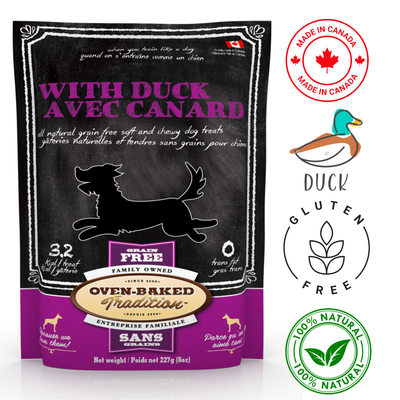 Oven Baked Tradition oven baked soft and chewy duck dog treats grain free 227g pack with gluten free and made in Canada labels