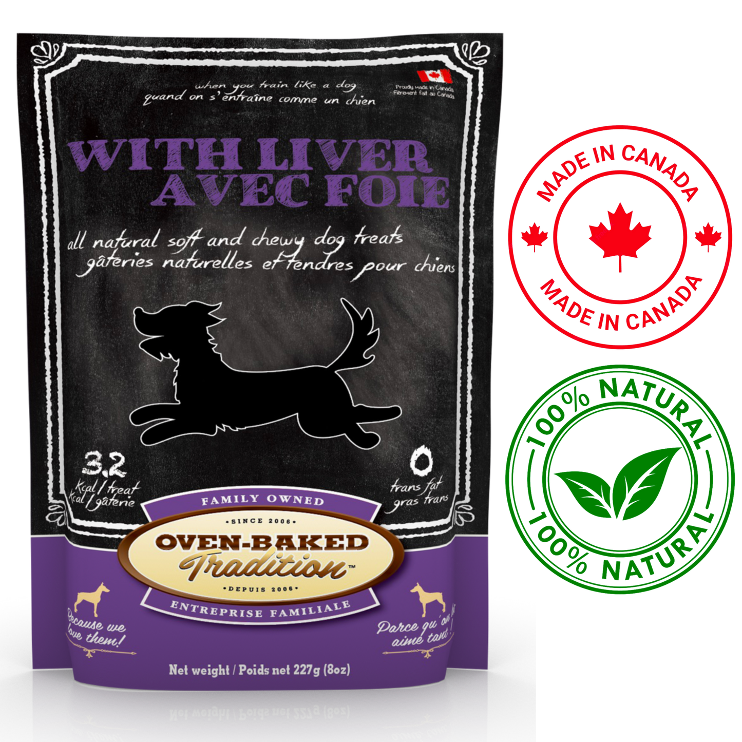Oven Baked Tradition oven baked soft and chewy liver dog treats in black and purple resealable bag