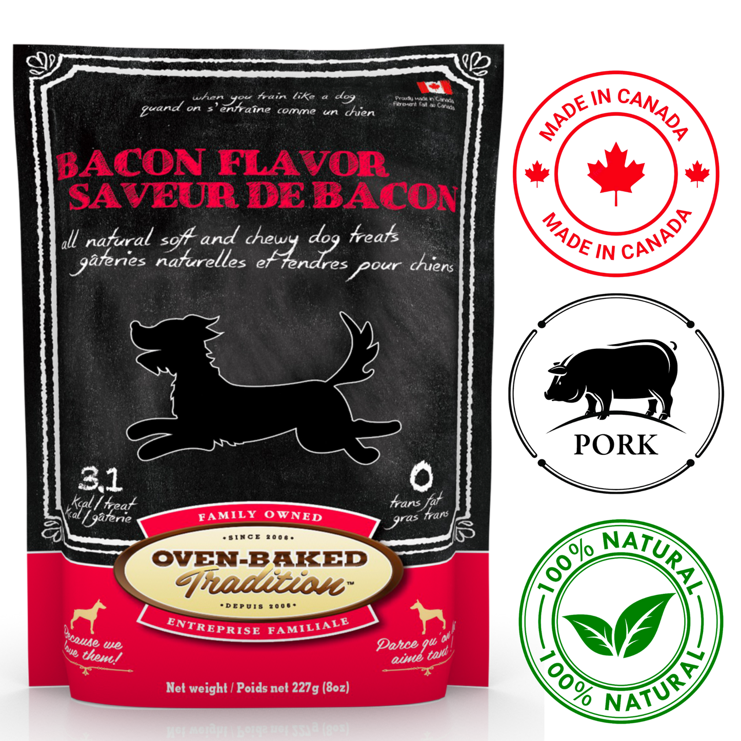 Oven Baked Tradition oven baked soft chewy bacon dog treats in black and red packaging with natural ingredients label