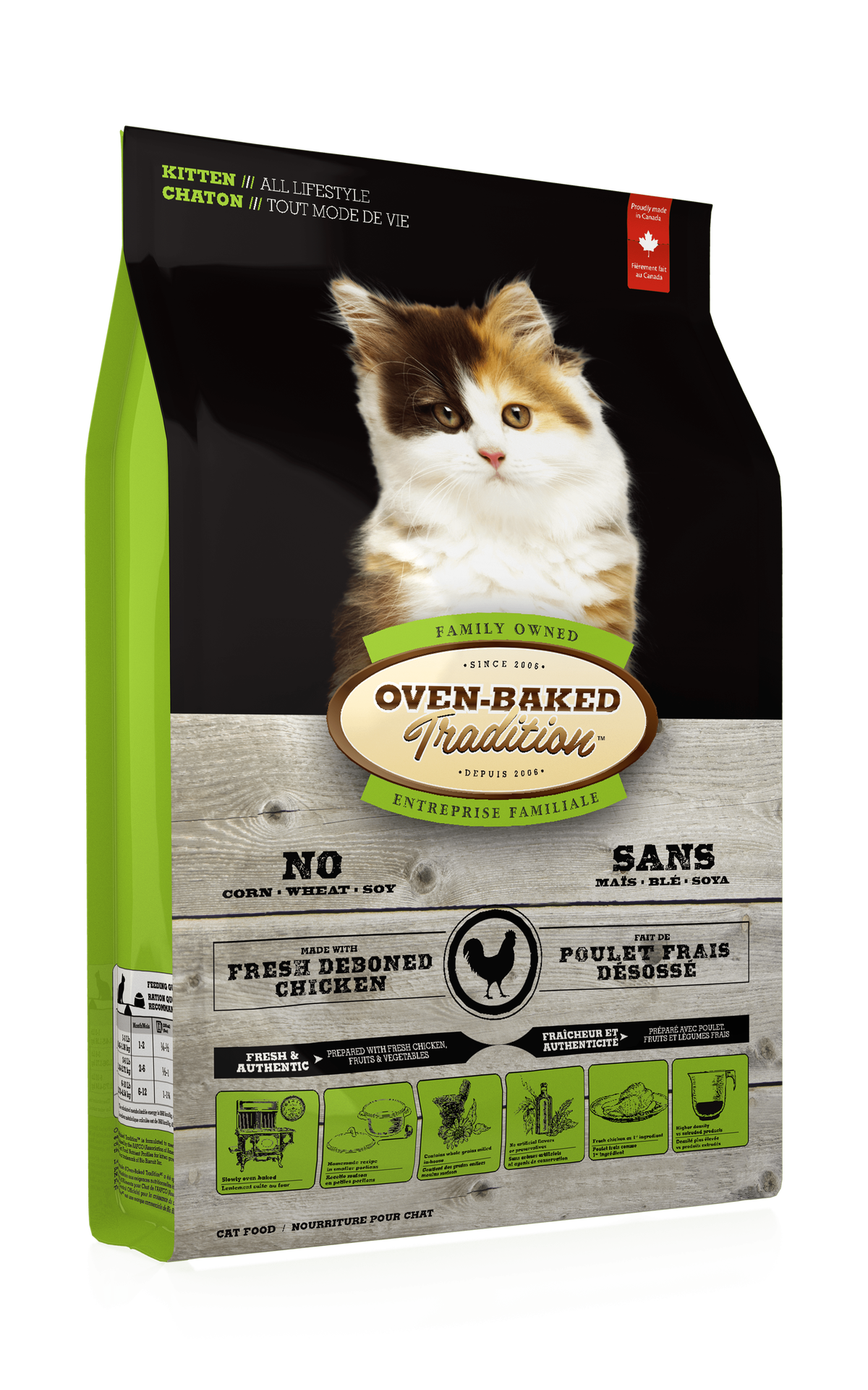 Oven Baked Tradition kitten chicken food in a vibrant bag featuring a playful kitten image