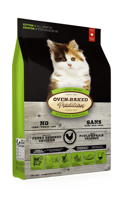 Oven Baked Tradition kitten chicken food in a vibrant bag featuring a cat on the front