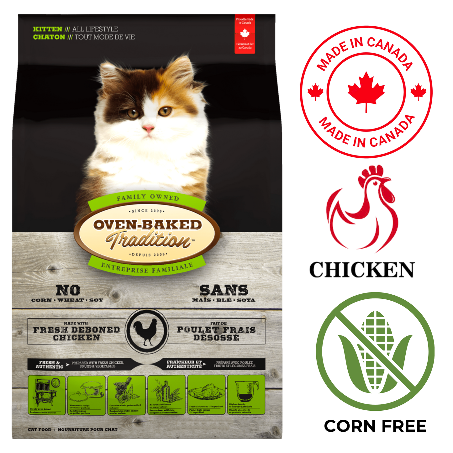 Oven Baked Tradition kitten chicken food in a 2 kg bag, featuring chicken and corn free formula for healthy growth