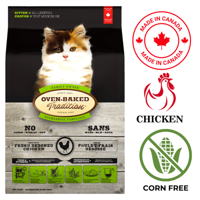 Oven Baked Tradition kitten chicken food in a 2 kg bag, featuring chicken and corn free formula for healthy growth
