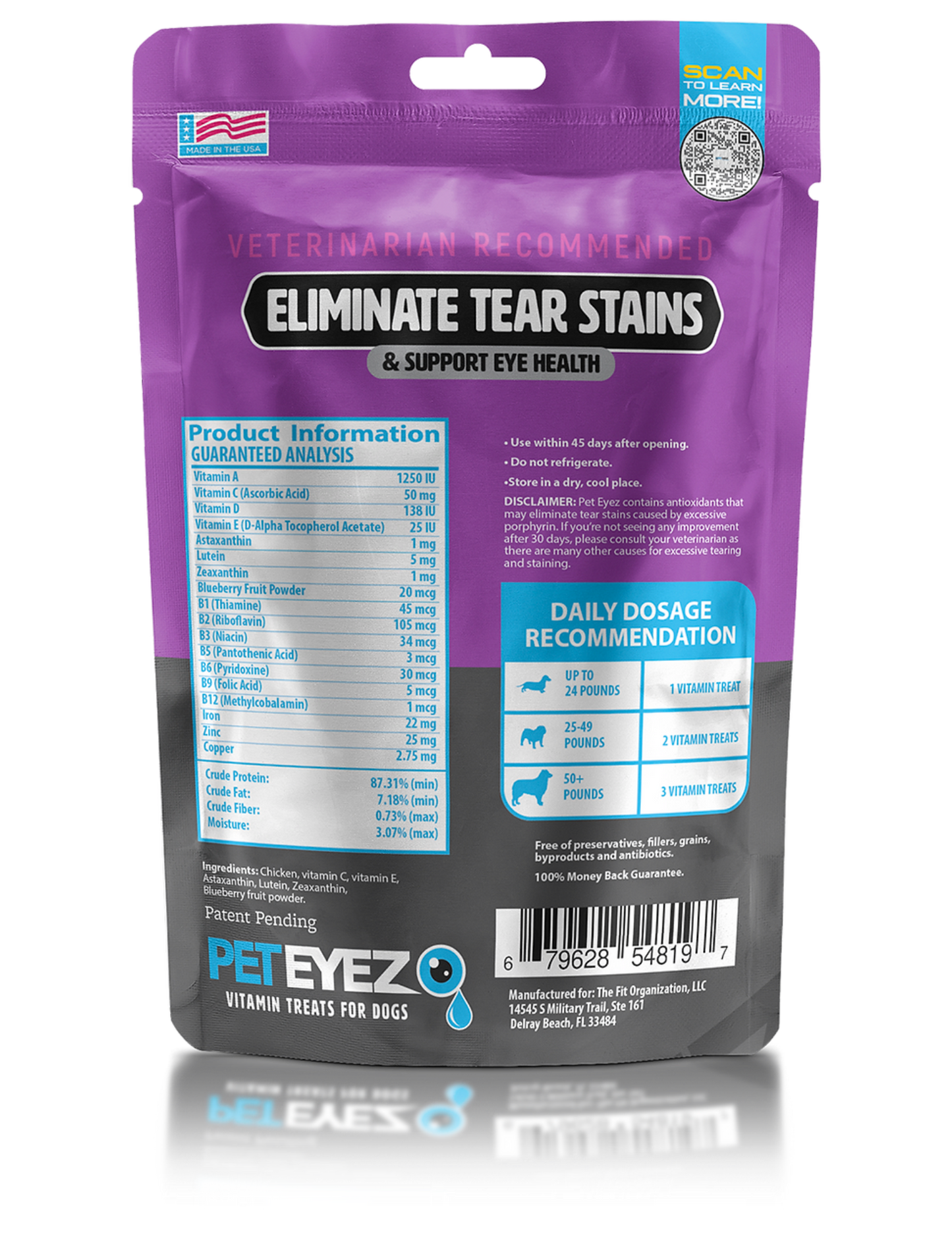 PetEyez chicken dog treats packaging vitamin treats to eliminate tear stains and support eye health