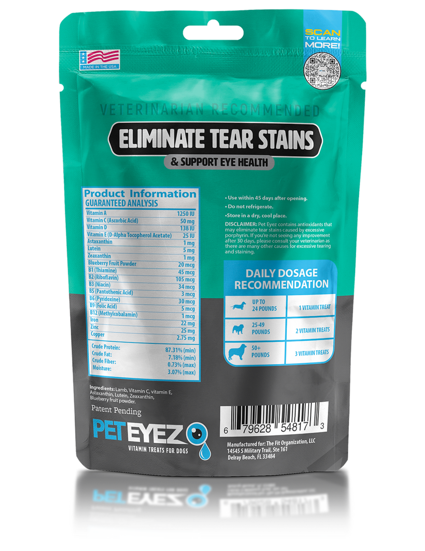 PetEyez lamb dog treats package designed to eliminate tear stains and support eye health