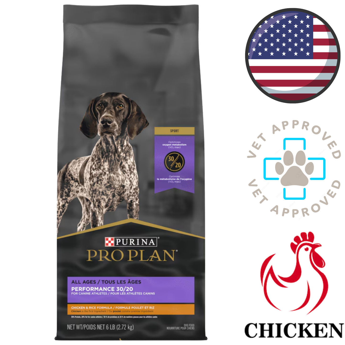 Purina Pro Plan chicken formula bag with standing Pointer dog and badges Purina all life stages dog food 37.5 lb.