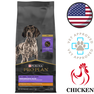 Purina Pro Plan chicken formula bag with standing Pointer dog and badges Purina all life stages dog food 37.5 lb.