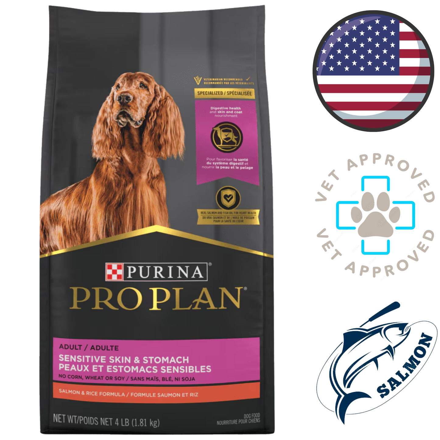 Bag of Pro Plan salmon and rice sensitive skin and stomach formula for adult dogs Purina sensitive dog food adult vet approved