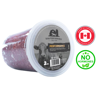 Raw Performance Dog Raw Food in a 2 lb container made from 100% premium quality meats