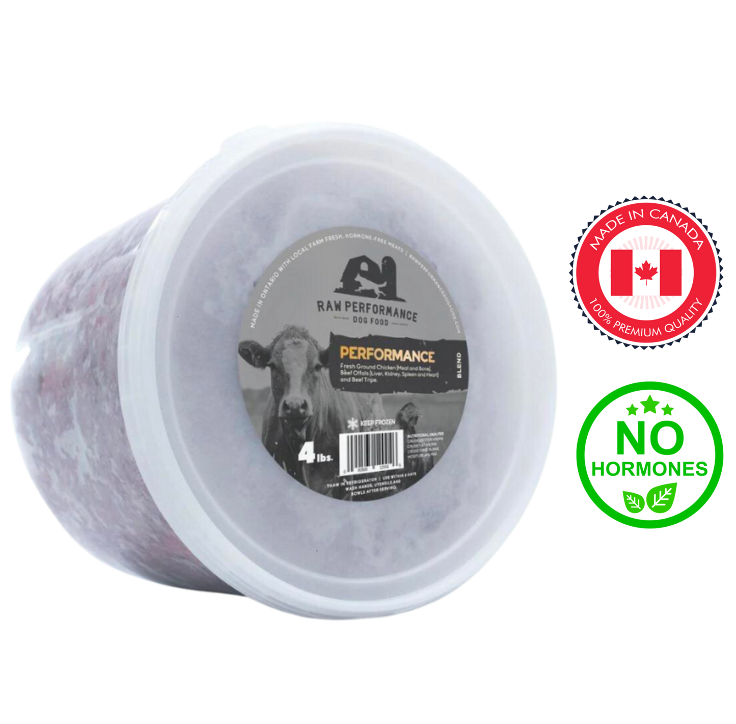 Raw Performance Dog Raw Food in a 4 lb container, made in Canada, hormone-free nutrition for dogs