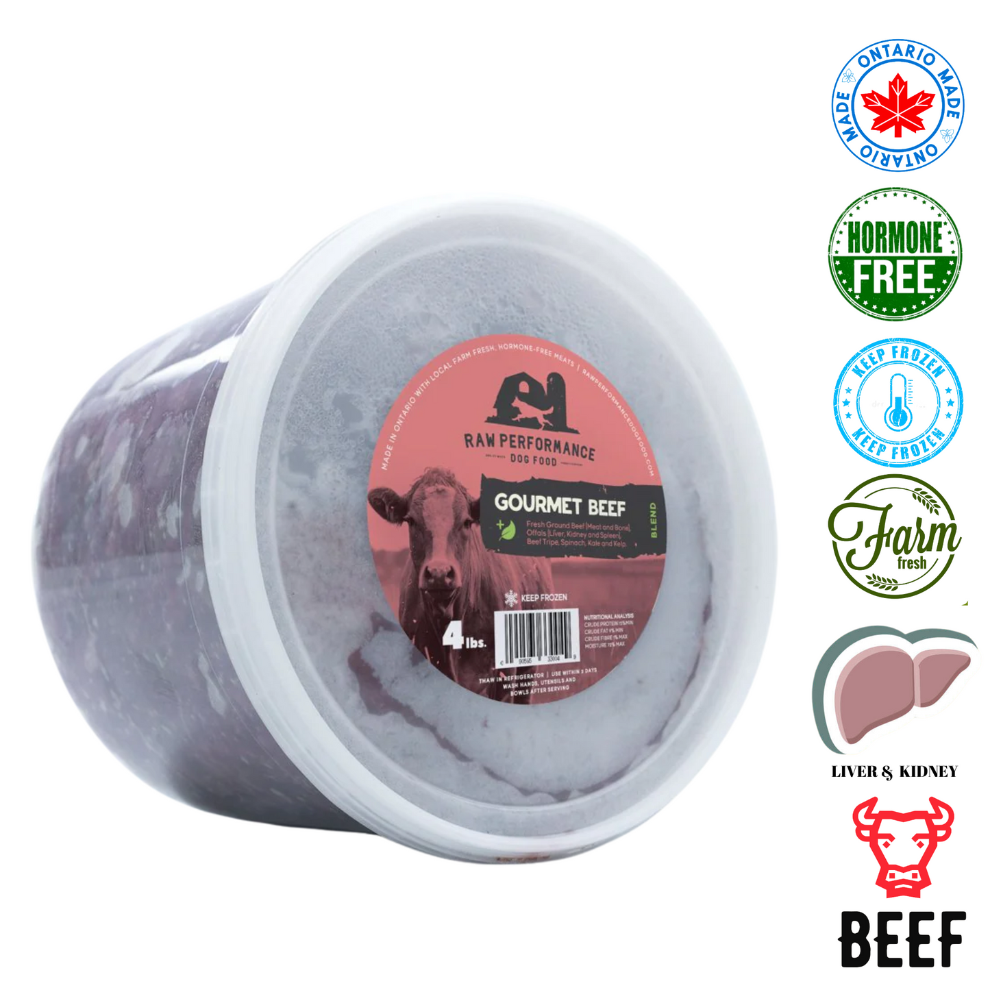 Raw Performance Gourmet Beef Raw Dog Food in a sealed container, hormone-free and farm fresh