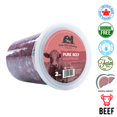 Raw Performance pure beef raw dog food in a 2 lb container, hormone-free and fresh from farms