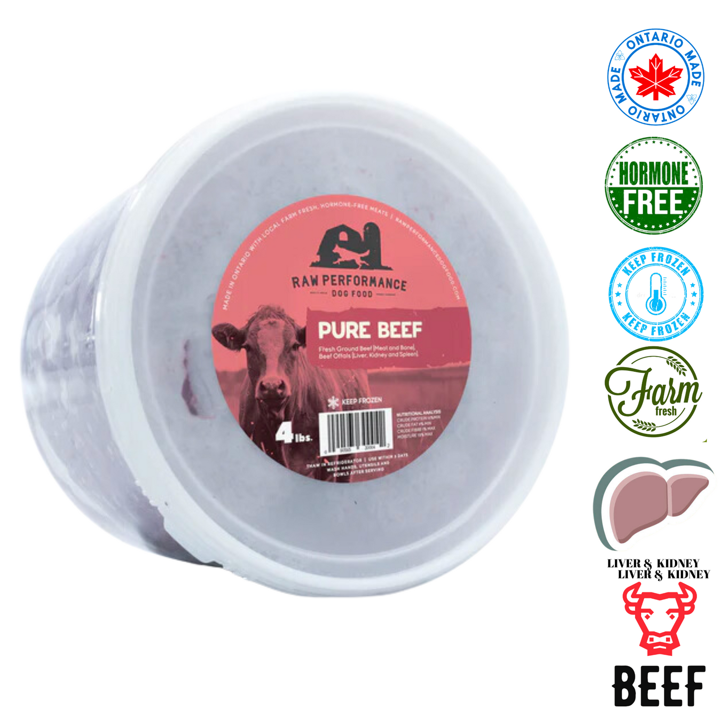 Raw Performance pure beef raw dog food in a 4-pound container, hormone-free and farm-fresh