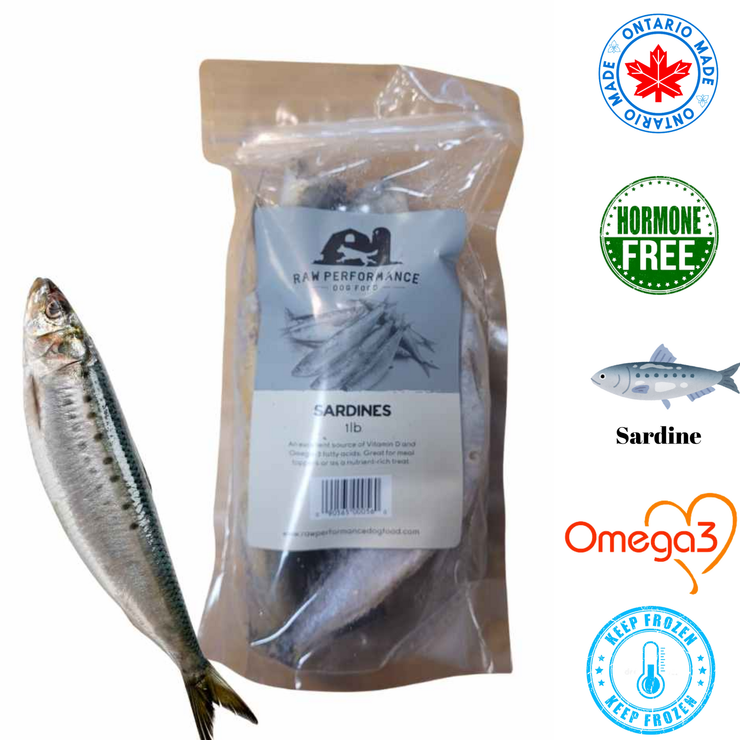 Raw Performance Sardines for pets in a sealed package with Omega-3 benefits for dogs