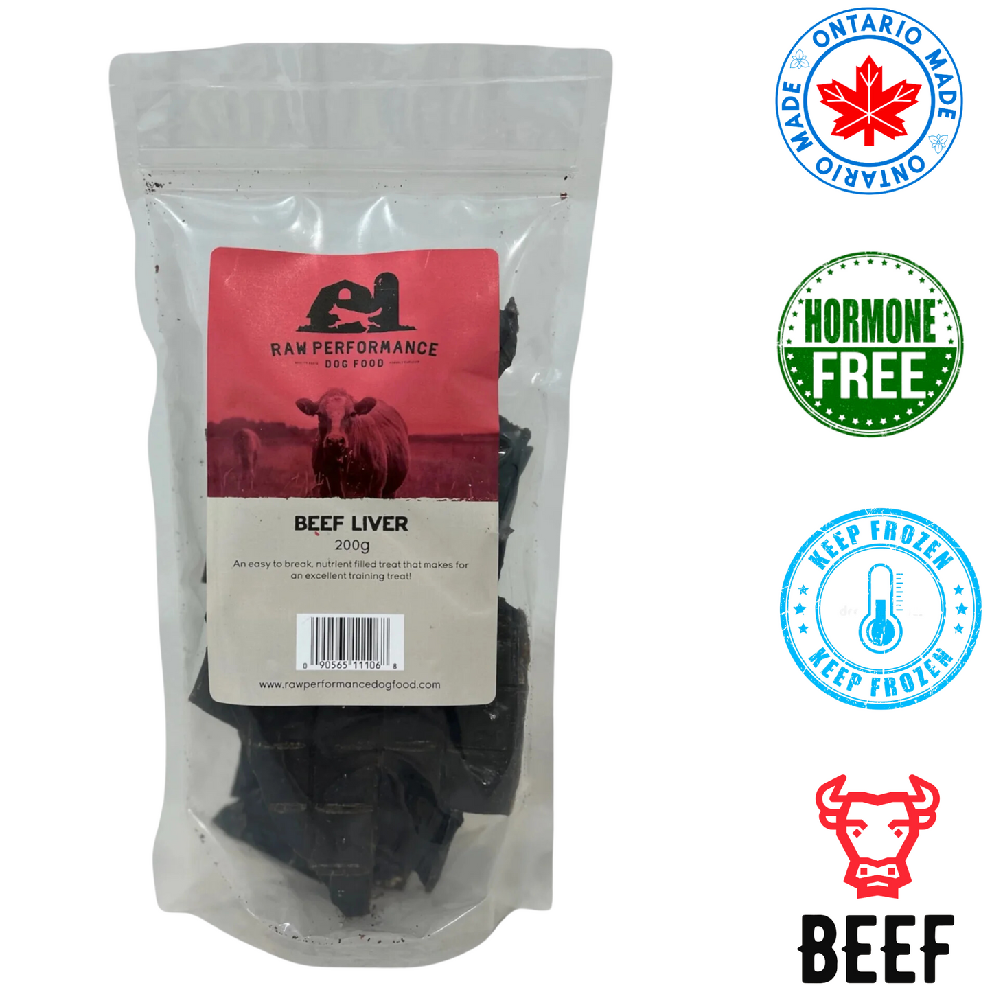 Raw performance beef liver dog treats in resealable bag with hormone free and Ontario made labels